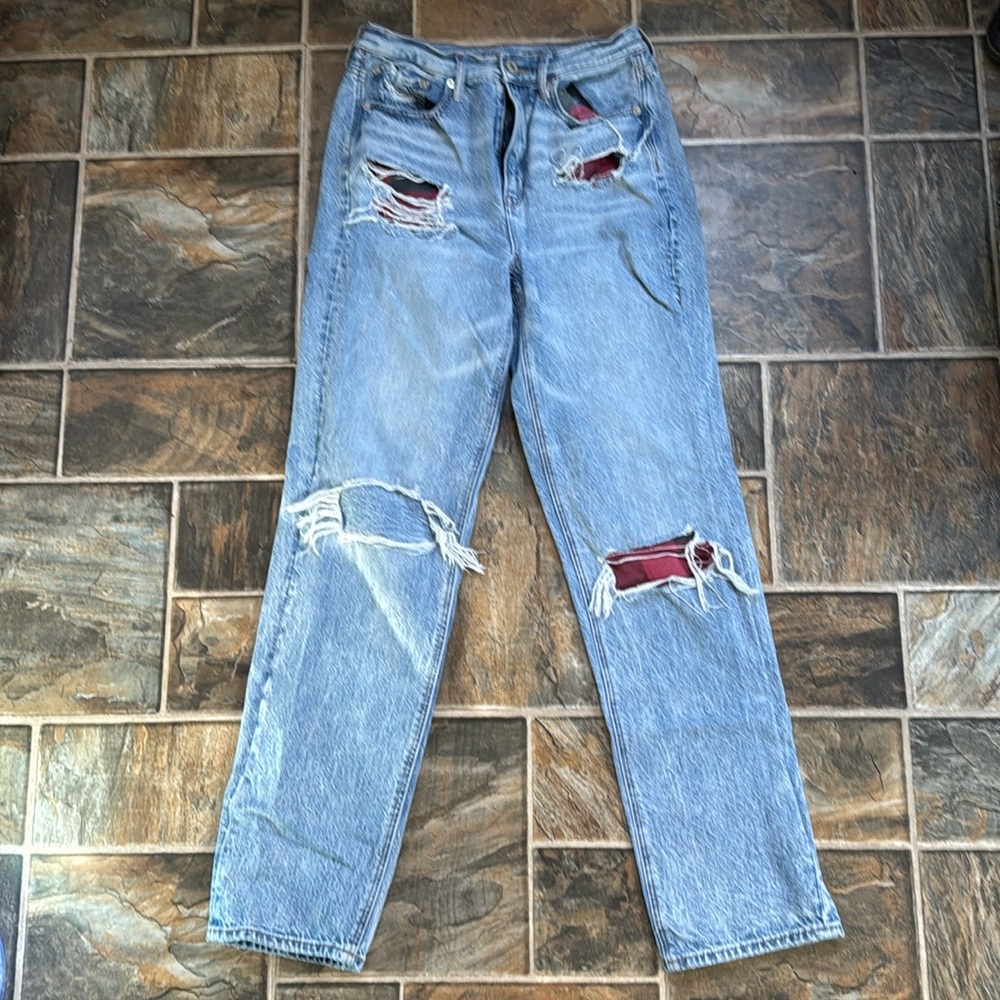 American eagle buffalo plaid patched jeans
